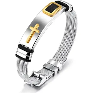 ULtimate Mens bracelet,Black bracelets for men,Stylish Adjustable Cross Stainless Steel Mesh Chain Wrist Band men's jewelry braclets for man,male coworkers string ideas cool braclets hip hop