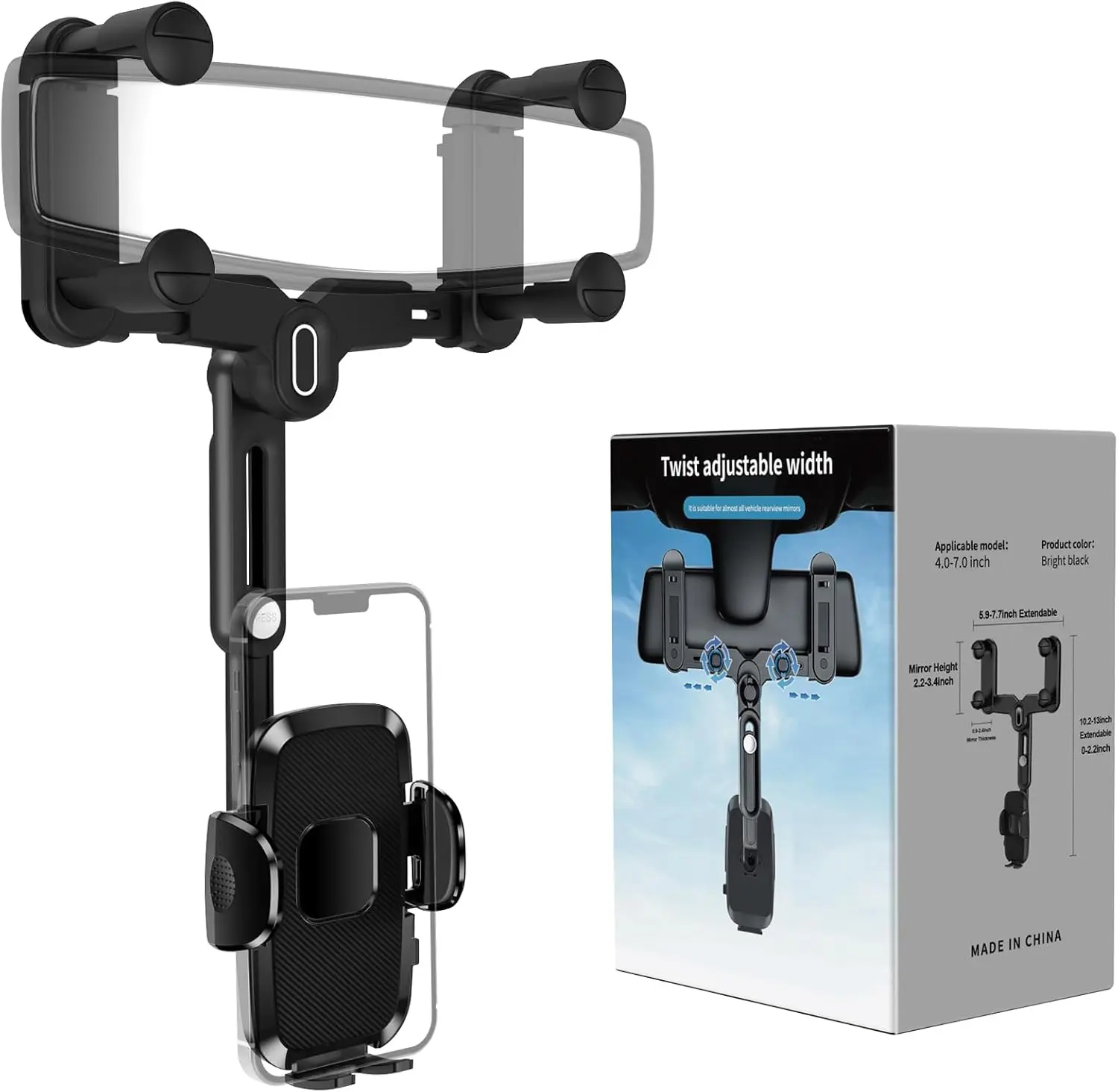 Phone Mount for , Rear View Mirror Phone Holder, Rotatable and Retractable Phone Holder for  Compatible with   All 4-7 Inch Cell Phones