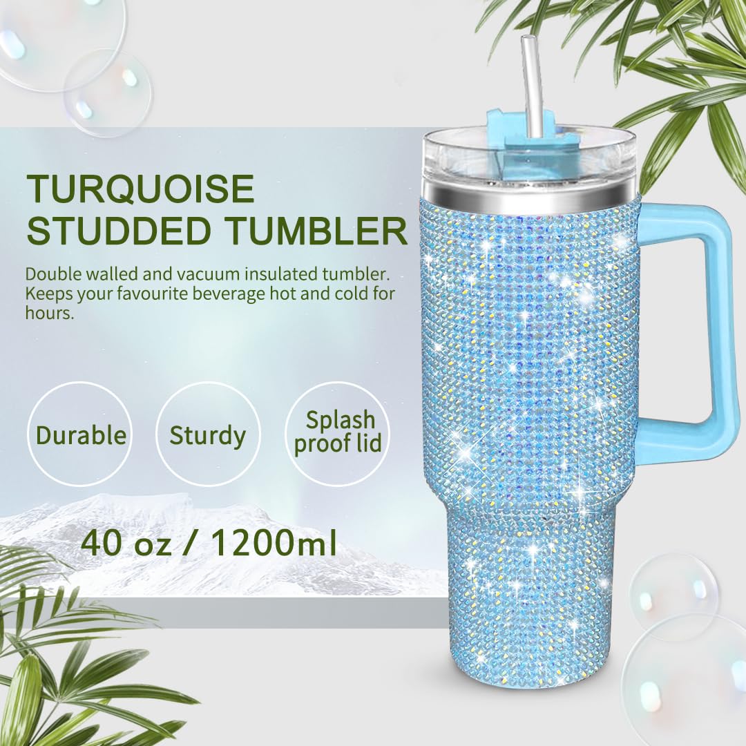 40oz Bling Rhinestones Tumbler with Handle - Sparkly Stainless Steel Water Bottle for IceCoffee, Must-Have CarAccessories & GymEssentials, Diamond Studded Cup for Women, Cute Birthday Gifts