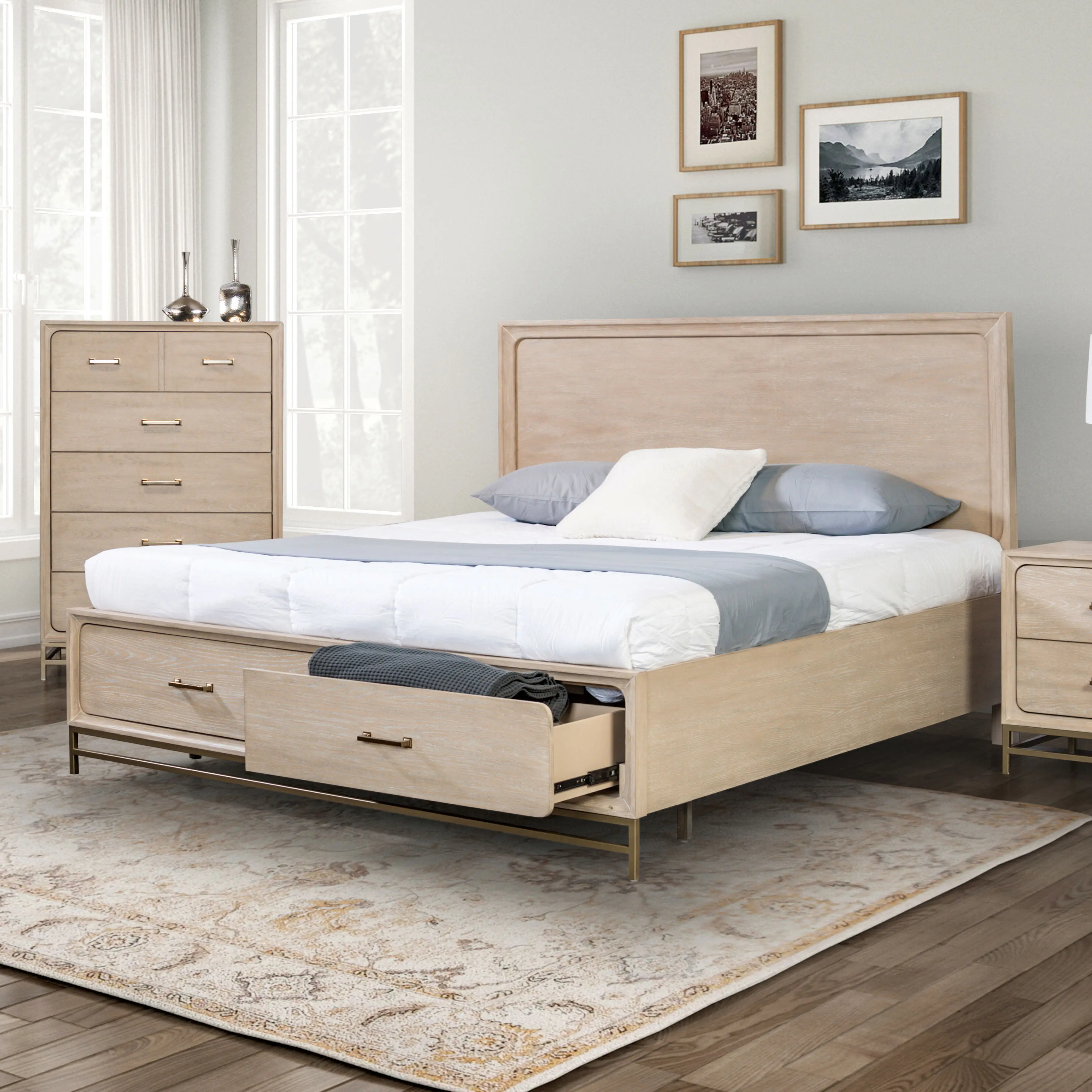 FOA Transitional Style Sandnes Light Oak Wood Platform Bed with Storage, Sturdy Wood Bed Frame, Sturdy Bed Frame