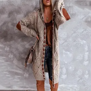 Vintage Casual Hooded Long Cardigan 2025 Autumn/Winter Knitted Sweater Brown Coat Oversized Jacket Streetwear Lace-Up