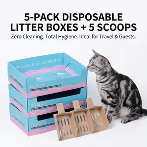 DAMAII 5-Pack Disposable Cat Litter Boxes with 5 Foldable Scoops Leak-Proof Coating Heavy Duty Biodegradable Perfect for Travel Guests