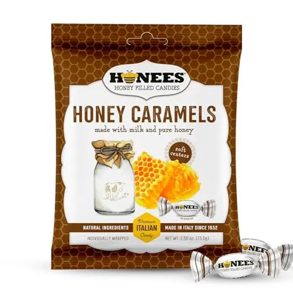 Honees Honey Caramels Hard Candy Individually Wrapped | Natural & Healthy Candy, Italian Made with Milk & Pure Honey, 1 Pack (2.85 oz)