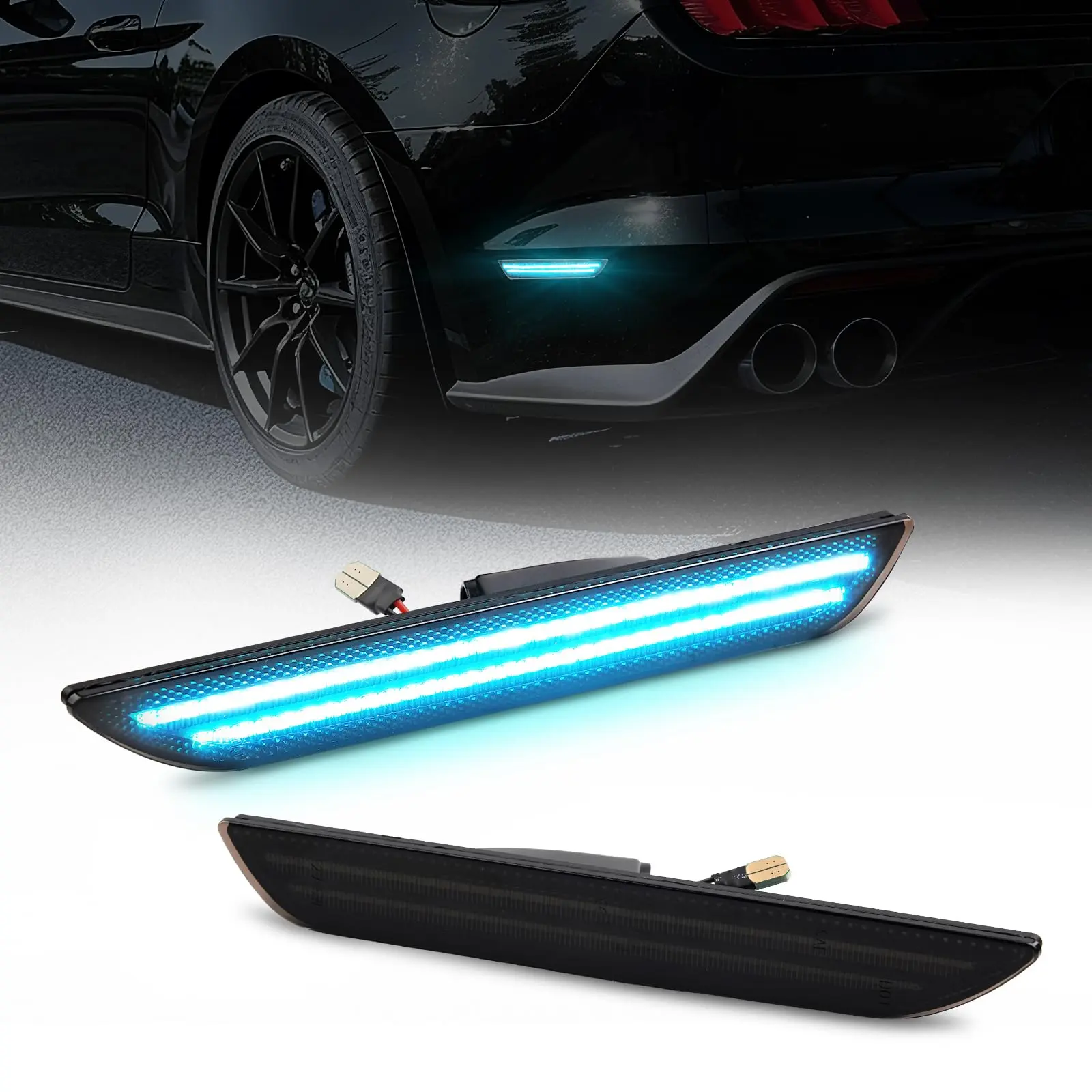 Gempro LED Side Marker Lights for Ford Mustang 2015-2023, Rear Ice Blue Fender Marker Reflectors Lamps Parking Lamps, Cool Upgrade Ice Blue Smoked Len, 2PCS
