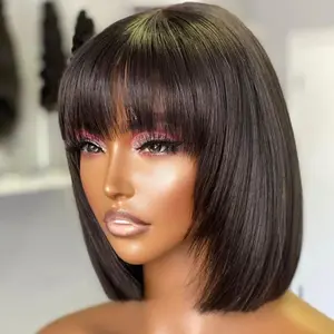 100% Human Hair Straight Short Bob Wig with Bangs - Glueless, Full Machine Made, Natural Looking, Soft to Touch, Easy to Style, Versatile and Comfortable Wigs for Women