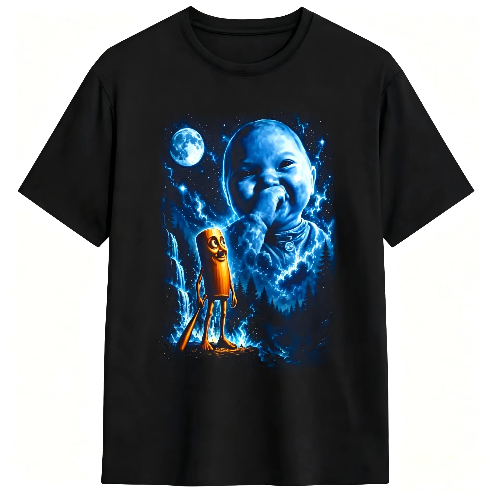 Glowing Blue Spirit Baby Bat Tung Tung Moon Forest Landscape Graphic Tops, 100% Cotton Graphic Tees Unisex Casual Street Style T-Shirt, Dark Nature Art T Shirts For Men Women Daily Streetwear Summer Wear