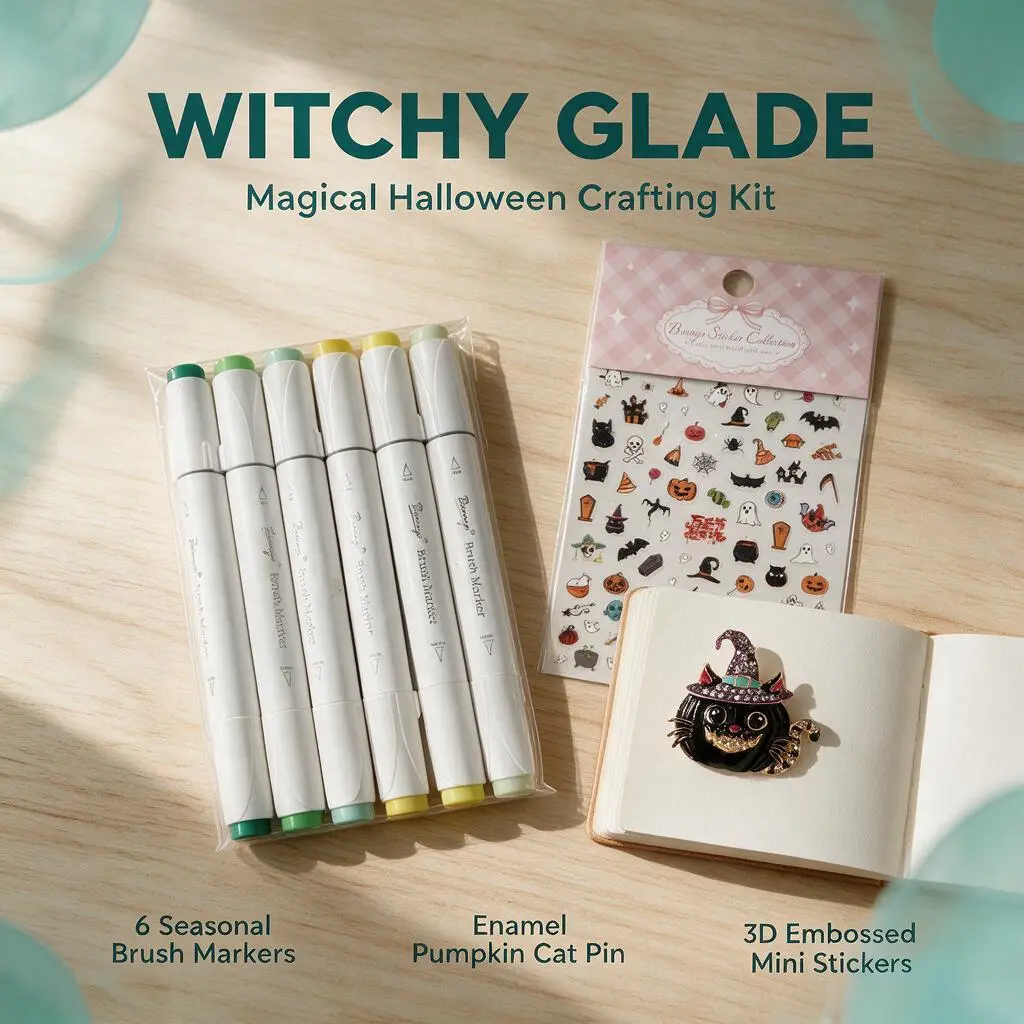 Bianyo Witchy Glade Halloween Marker Bundle,6pc Dual Tip Art Markers with Spooky Halloween Sticker Sheet & Witch Hat Black Cat Pumpkin Enamel Brooch for Junk Journal Crafts`