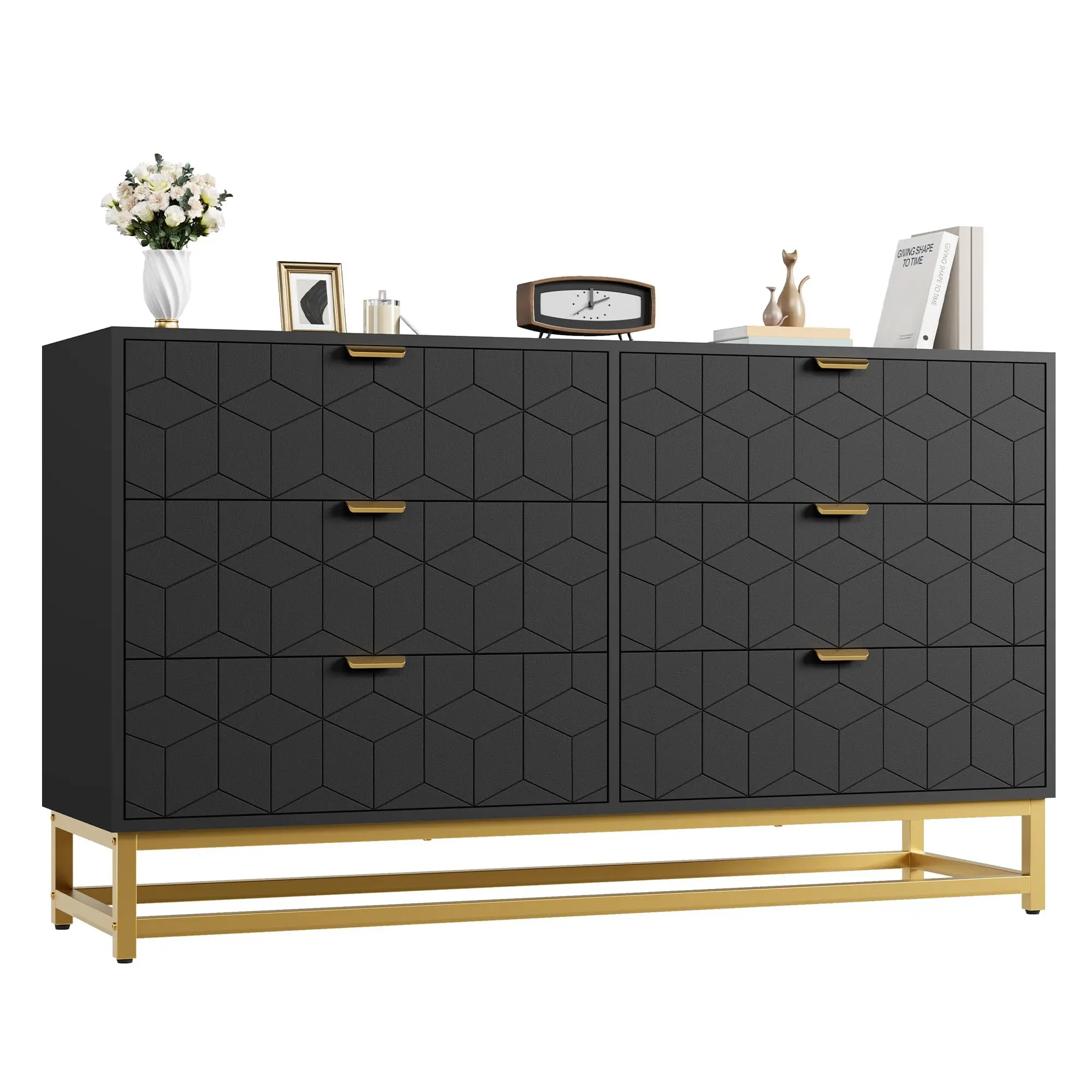 6 Drawer Dresser for Bedroom, 53.5" Large Dresser Organizer, 6 Drawer with Golden Metal Handle and Legs, Modern Chest of Drawers, Dressers with Drawers for Closet, Hallway, Living Room, Entryway