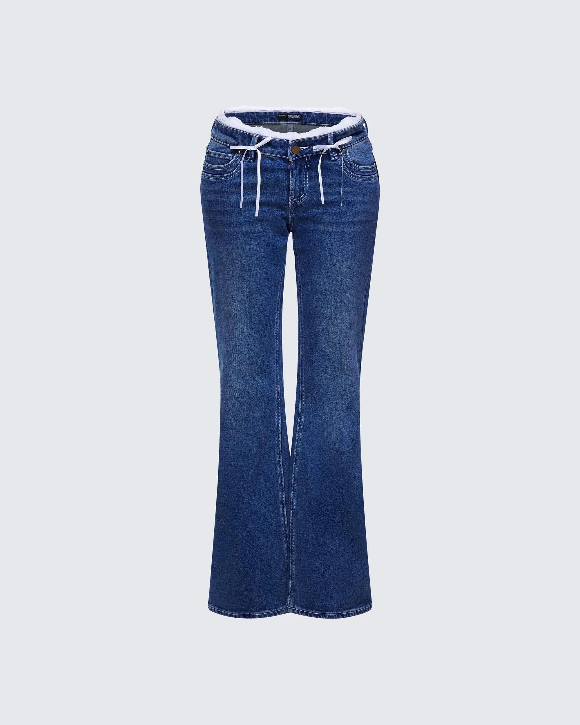 Women's Low Rise Blue Jeans, Flare Leg Cotton Denim with Lingerie Lace Trim, Drawstring Waist and Modern Twist, Flared, Spandex, Bottoms, Embellished Jeans, Jean Pants