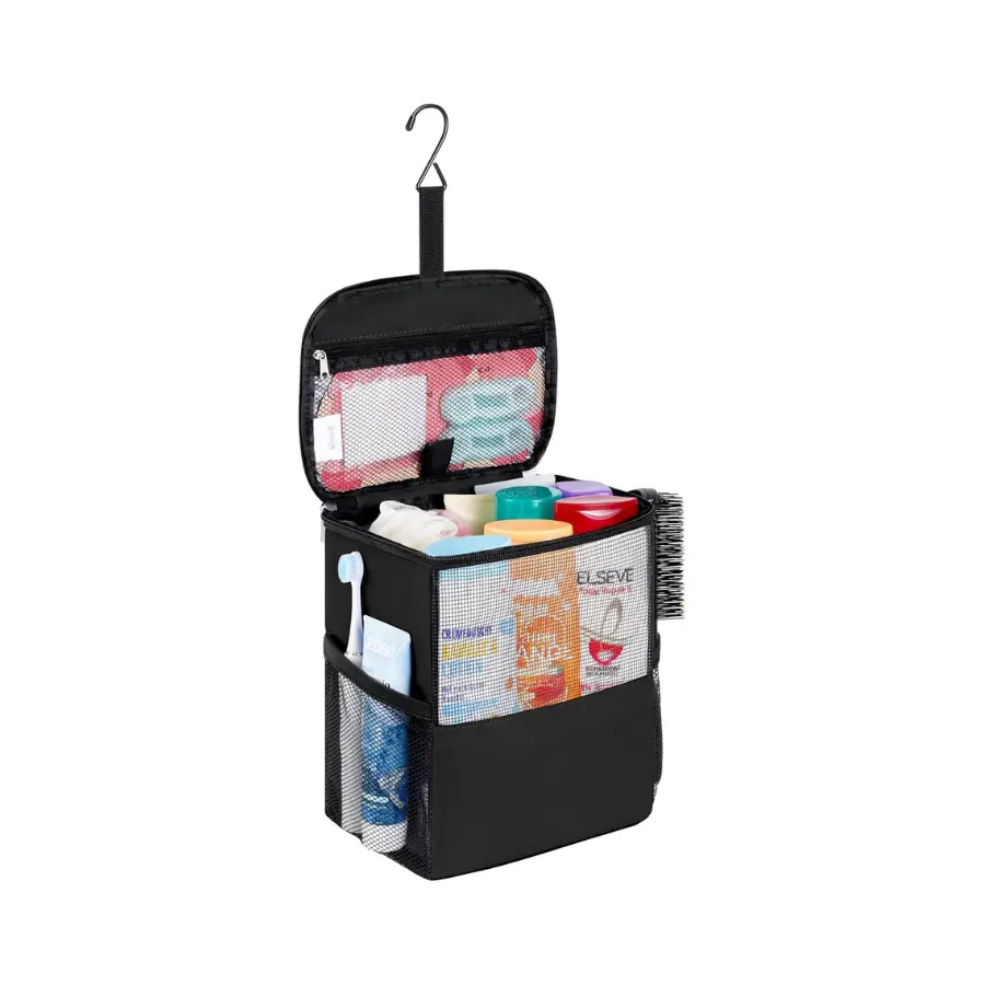 Portable Mesh Shower Caddy for College Dorm, Quick-Dry Hanging Toiletry Organizer Tote for Bathroom, Gym, Beach, Camping and Travel, Medium Black