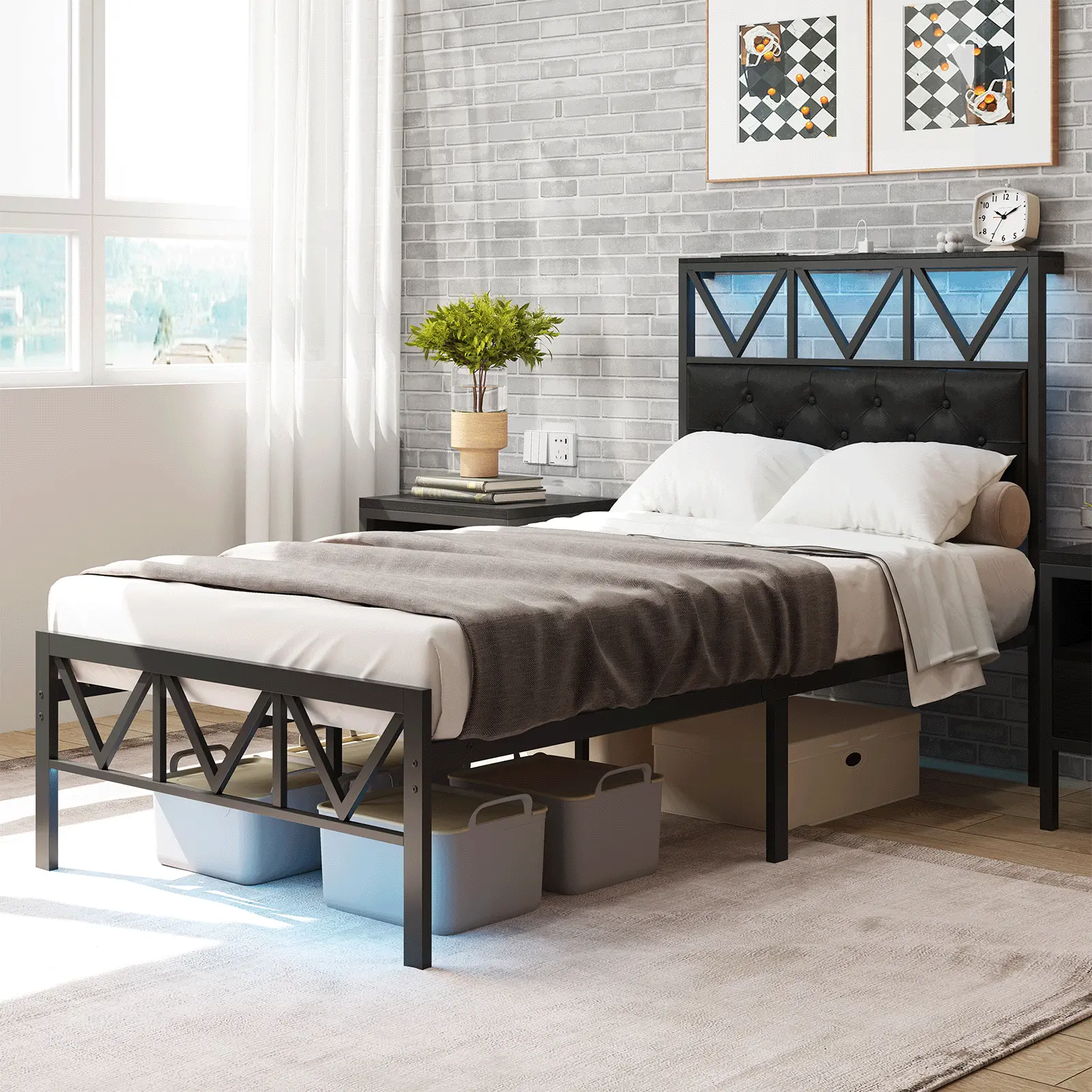 Upholstered Twin/Full Bed Frame with Headboard & Storage Shelves, LED Lighting & Charging Station, Heavy-Duty Metal Slat Support, Noise-Free Easy Assembly Space-Saving Bedroom Furniture