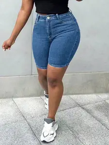Light Blue Washed High Waist Stretch Denim Bike Shorts Women, Slim Fit Butt Lifting Straight Leg Mid-Length Pants, Summer Casual Versatile Style