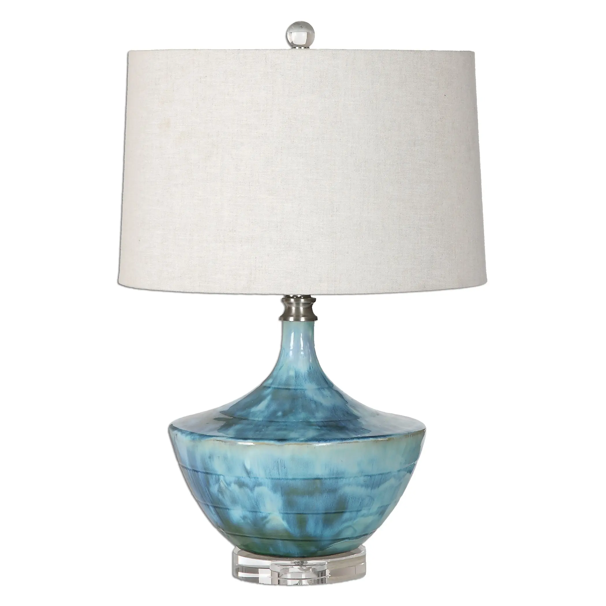 Uttermost Chasida Tie-Dye Blue and Green Ceramic Table Lamp with Crystal Base, Beige Linen Shade
