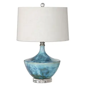 Uttermost Chasida Tie-Dye Blue and Green Ceramic Table Lamp with Crystal Base, Beige Linen Shade