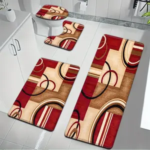 Elegant Retro Geometric Bathroom Rug Set, 3Pcs Soft Flannel Absorbent Bath Mats with U-Shaped Toilet Mat & Lid Cover, Non-Slip Floor Mats for Mid-Century Bathroom Decor, Machine Washable