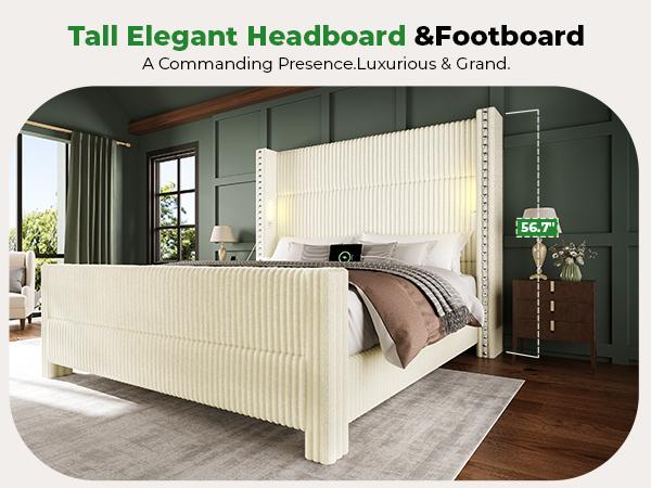 【Ships in 1 or 2 Packages】Wingback Bed Frame with Reading Lights, Corduroy Upholstered Headboard with USB Ports, Noise-Free Platform Bed Frame 1200 lbs Heavy Duty, Aesthetic Bedroom Decor Must Have Gift for Teen Girls Women,Summervibes