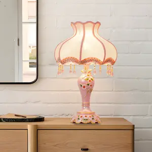 Aeyee Cute Table Lamp with Fabric Lampshade, Antique Flower Decorative Bedside Desk Nightstand Lamp, Handmade Night Light for Bedroom Living Room (Pink)