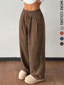 Women's Vintage Casual Pants, Textured Ribbed Velvet Loose Fit Woven Pants, Fall Winter Street Fashion, American Retro Style, Bottoms, Womenswear