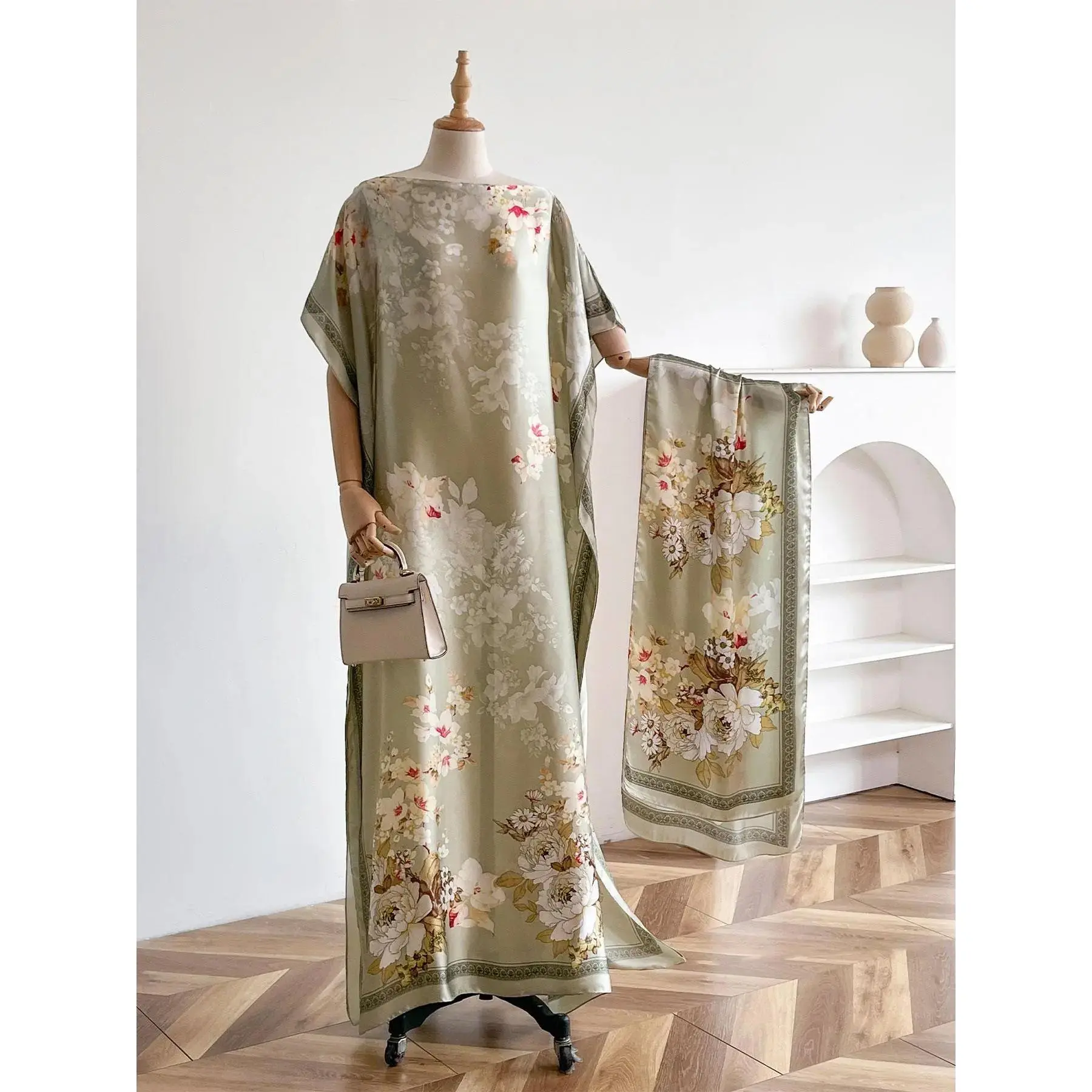 Women's Floral Print Batwing Sleeve Cape Dress Set with Scarf, Boho Loose Outfit, Long Sleeve Casual Wear, Versatile All Season Ladies Clothes, Ideal for Beach, Vacation & Holiday