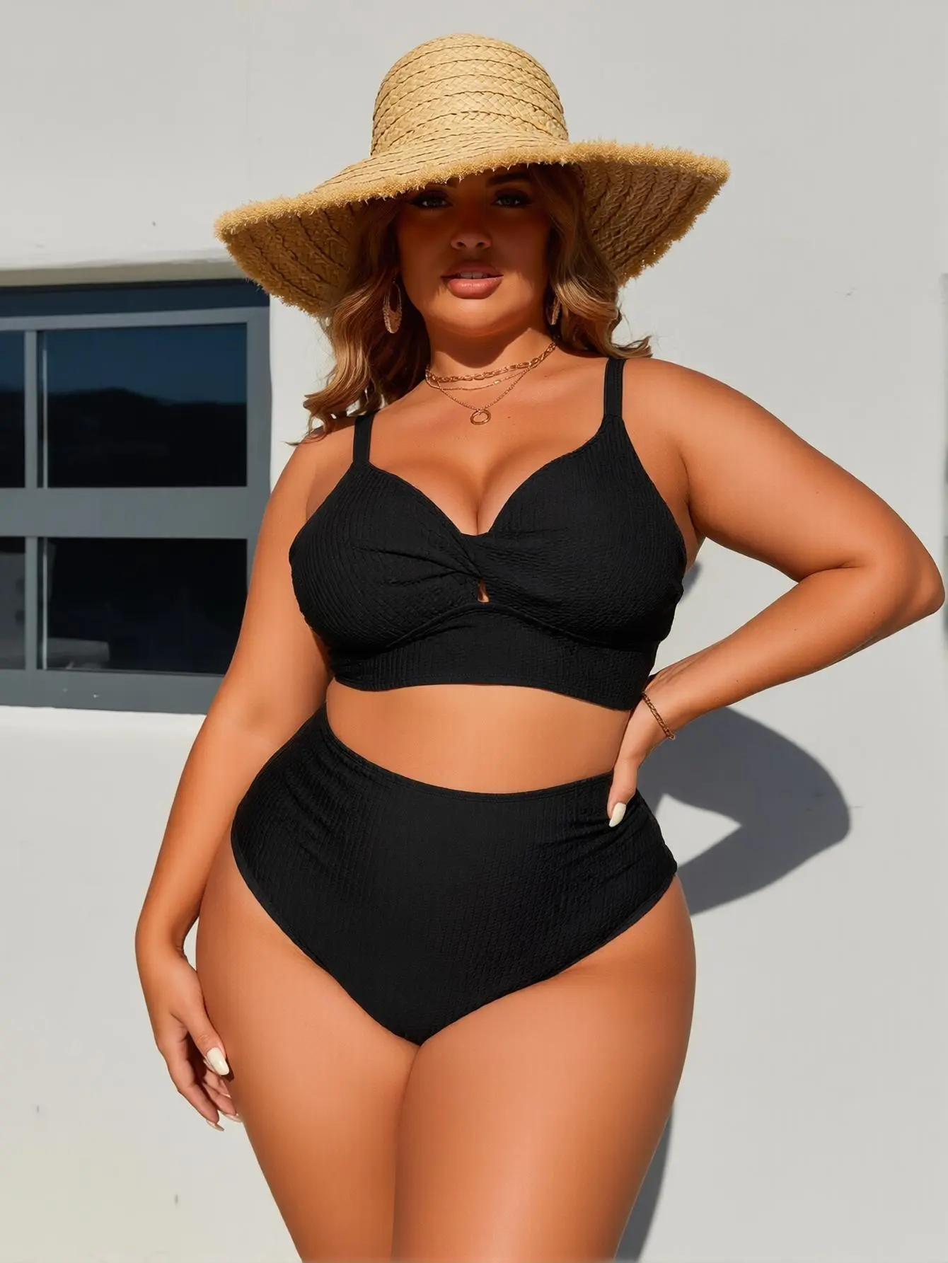 Women's Plus Size Cotton Checkerboard Bikini Set - Double-Lined 2-Piece High Waisted Swimsuit, Square Neck, UPF50+ UV Protective, Chlorine-Resistant, Hand Wash Only, Nylon Blend, Color Block