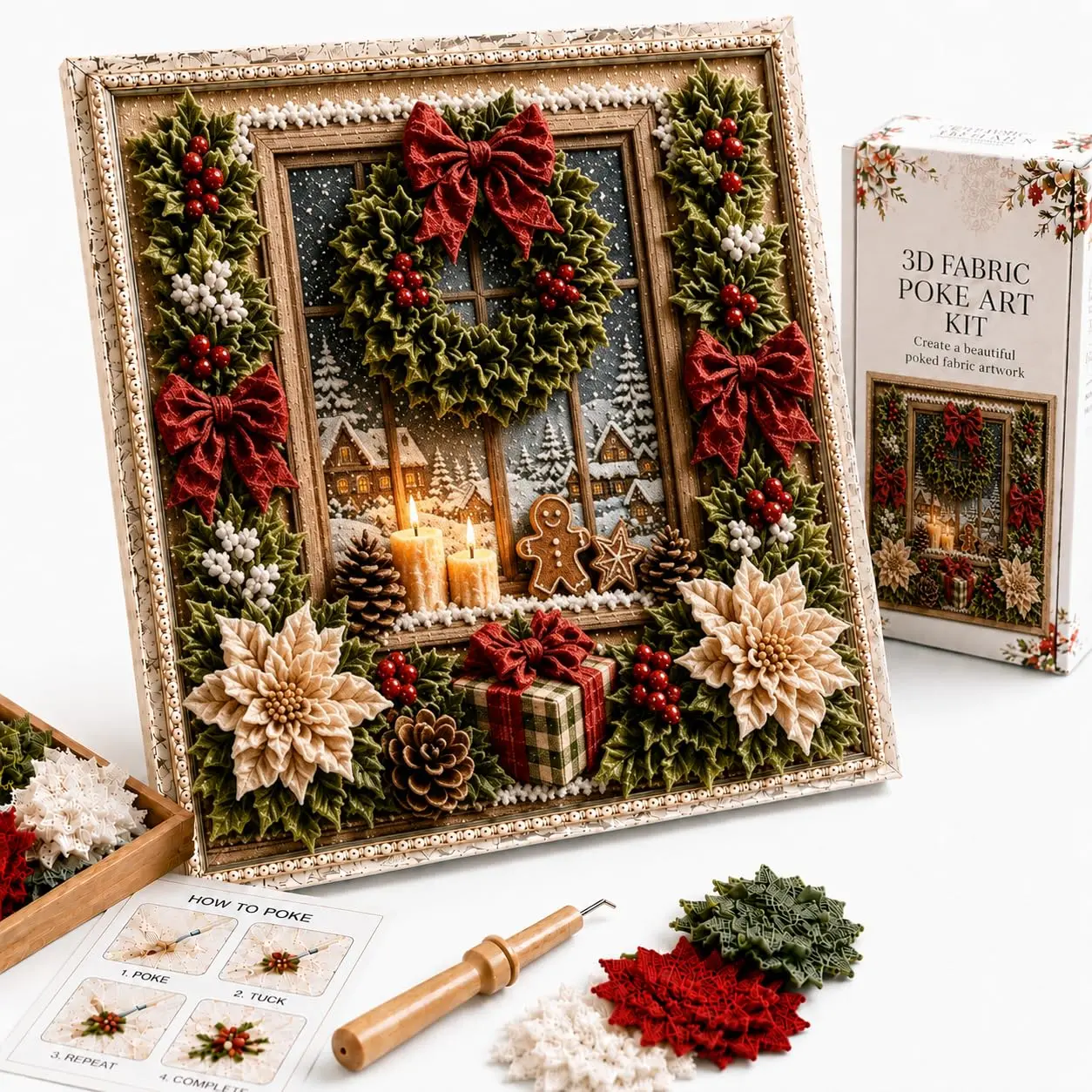 3D Christmas Fabric Poke Art Kit, 3D Fabric Poke Art Kit for Adults with Pre-Cut Squares, Adult DIY Needle Punch Craft Kit, Vintage Holiday Handmade Decoration