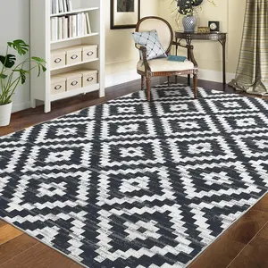 GARVEE Discover the Stylish and Functional GARVEE Washable Rugs: A 9x12 Moroccan Geometric Trellis Area Rug and a 2x6 Runner Rug, Ideal for Living Rooms, Bedrooms, and Offices with a Modern Low Pile Design in Black, White, and Brown.