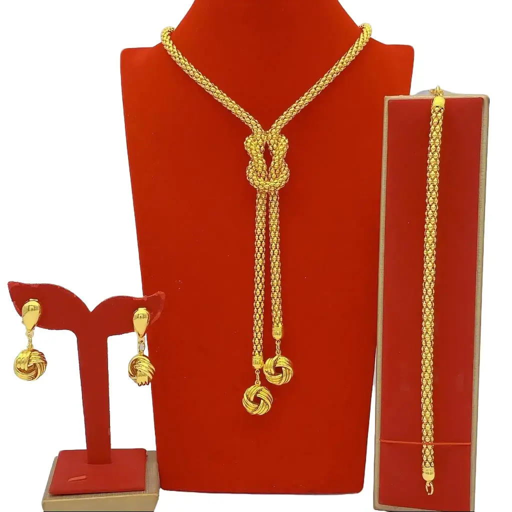 Women's 24K Gold-Plated Luxury Jewelry Set - Knot Twist Long Necklace + Drop Earrings + Bracelet ,Non-Tarnish Hypoallergenic Perfect For Bridal & Everyday Glam Fine Necklace Jewelry Gift