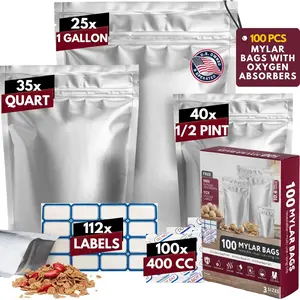 100 Pack Mylar Bags with  Absorbers - 10.6 MIL Thick 3 Sizes - 25x1 Gallon 35x1 Quart 40x1/2 Pint - Resealable Bags with 100  Absorbers for  Storage & 112 Labels, Sealable Smell Proof