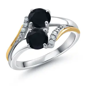 Gem Stone King 10K Yellow Gold and 925 Silver Black Onyx and White Lab Grown Diamond Accent Engagement Ring For Women (0.98 Cttw, Gemstone December Birthstone, Round 5MM)