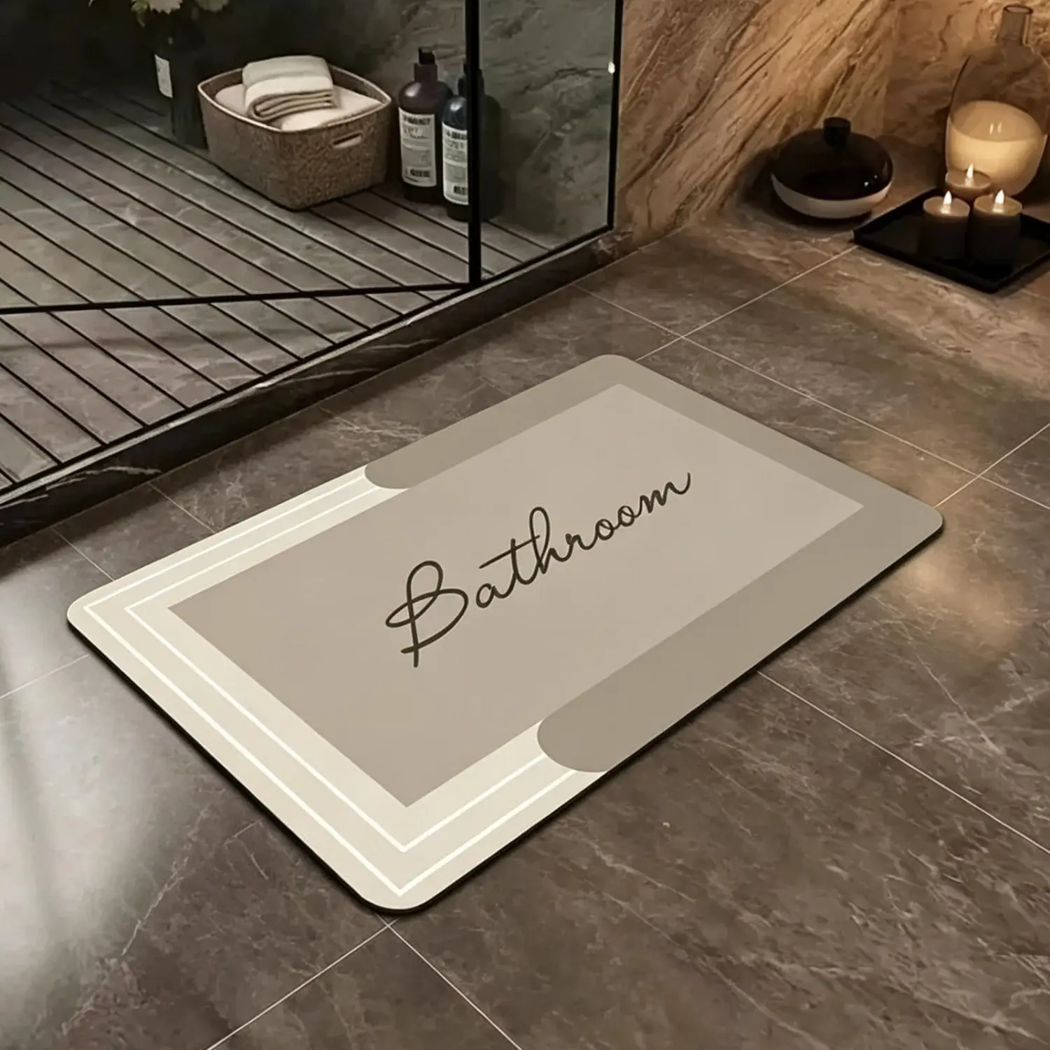 Diatomaceous Earth Bathroom Mat Minimalist Beige Bathroom Rug, Non Slip Water Absorbent Bath Mat, Washable Soft Shower Floor Mat for Bathroom Decor, Bathtub & Vanityy Room Mat Living Space