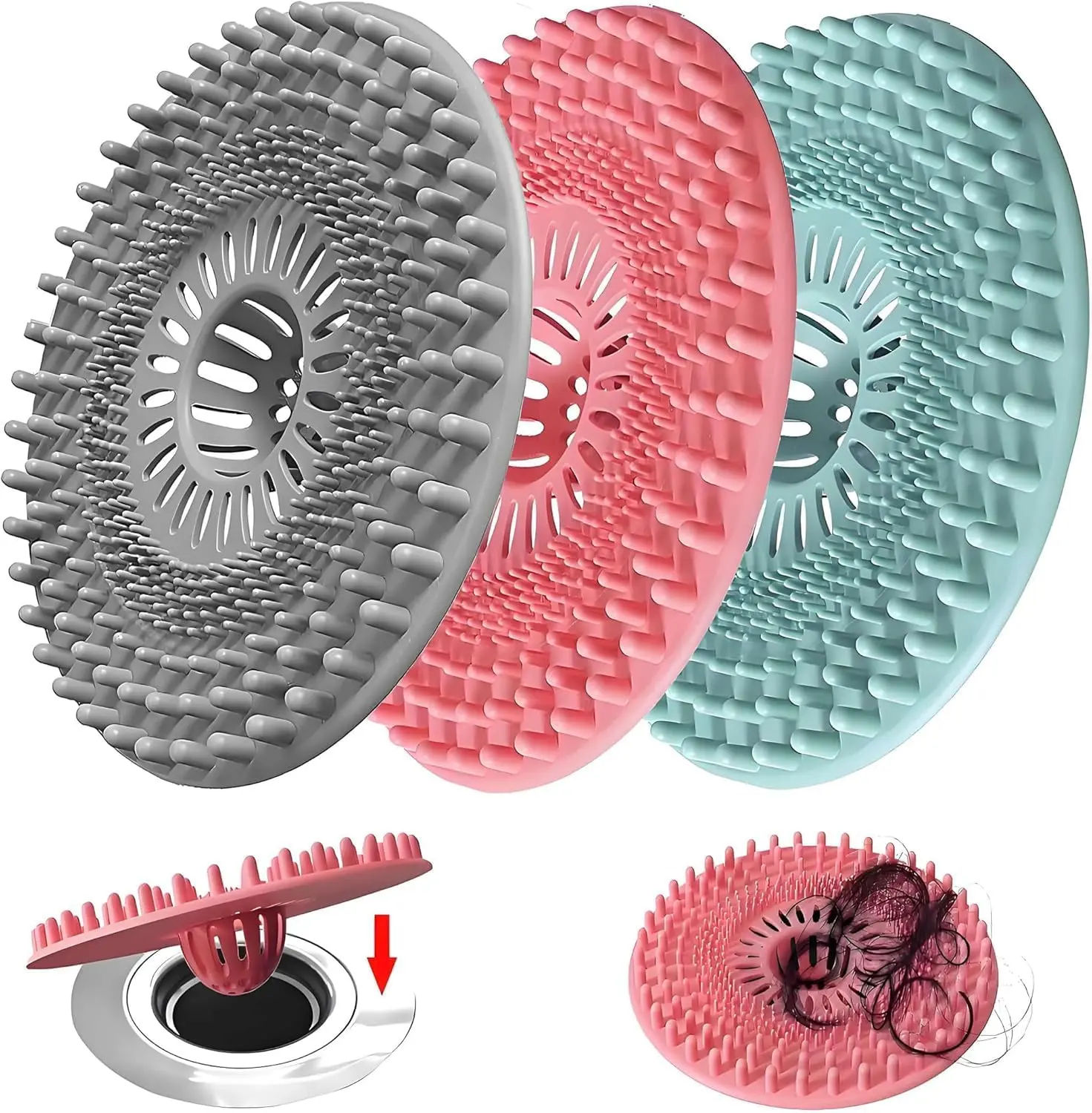 3PCS Hair Catcher Drain Strainer – Silicone Shower, Sink & Bathtub Drain Cover Protector for Bathroom & Kitchen