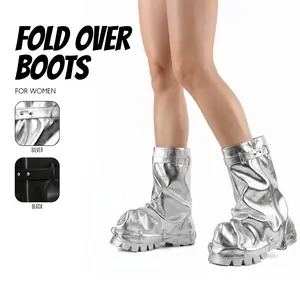 Fold Over Boots For Women Slouchy Boot Round Toe Chunky Platform Heel Side Zipper Wide Calf Pleated Lock Pull On Party Motorcycle Riding Night Club Casual Rave Trendy Mid Calf Boots