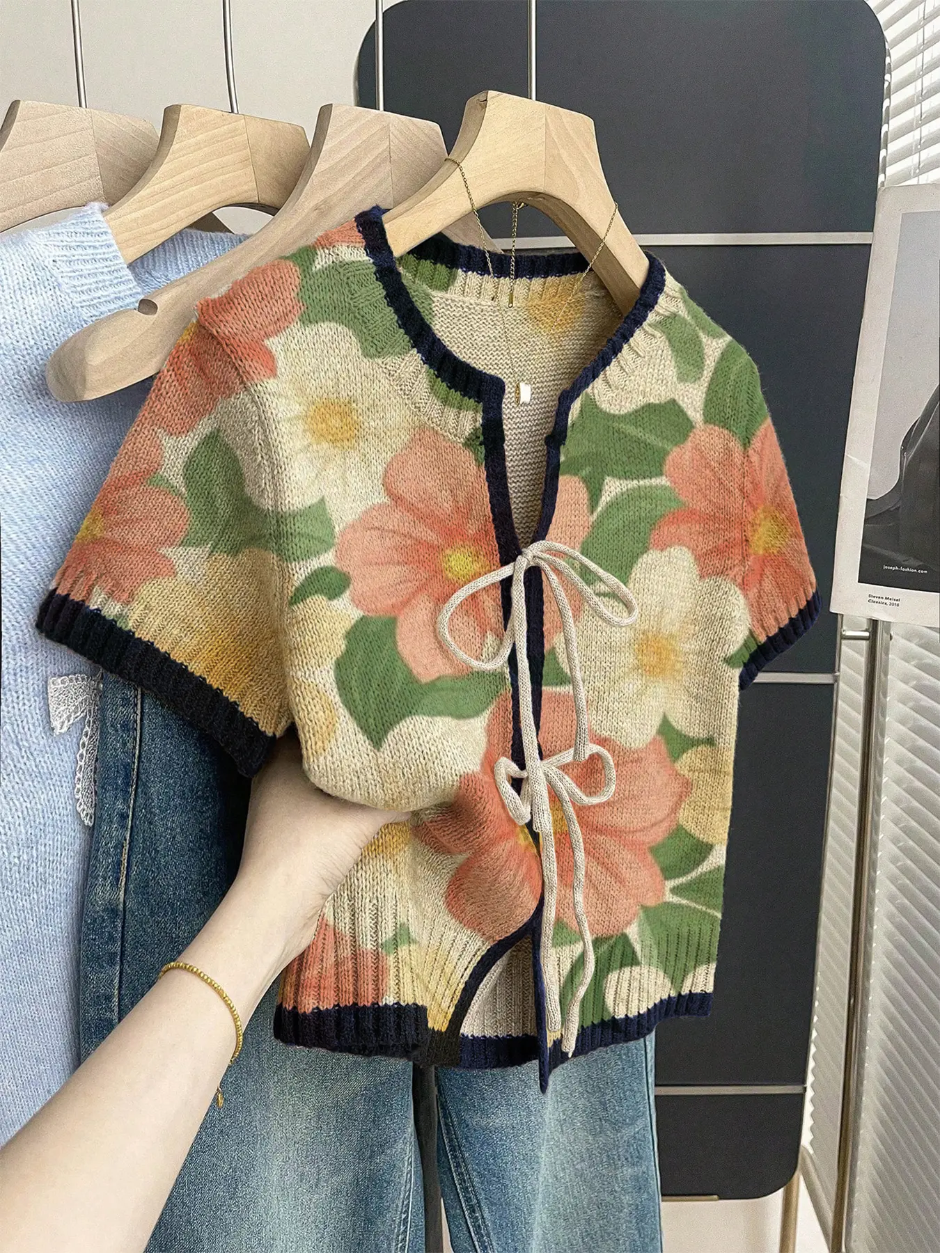 Boho Style Loose Round Neck Knit Top, Floral Print Short Sleeve, Women's Summer Casual Wear, Front Tie Design, Contrast Binding, Womenswear, Lady, Casual Classy Top
