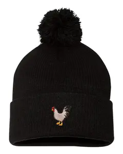 Chicken Embroidered Knit Beanie Pom Cap