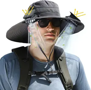 Wide Brim Solar Fan Outdoor Fishing Hat, 2 Solar Fan Hats for Men, USB & Solar Powered Fan Hat, Sombrero para el Sol Hombre, Sombrero con Ventilador Solar, Fan Hat Solar Powered UPF 50+ Grey