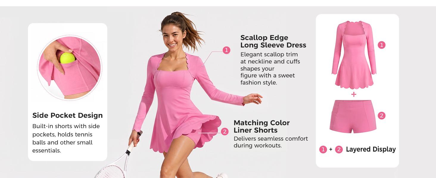 Fisoew Women's Scalloped Square Neck Mini Dress, Long Sleeve Bodycon Fit Flare A Line Short Dress Solid Cute Club Party Skater Dress