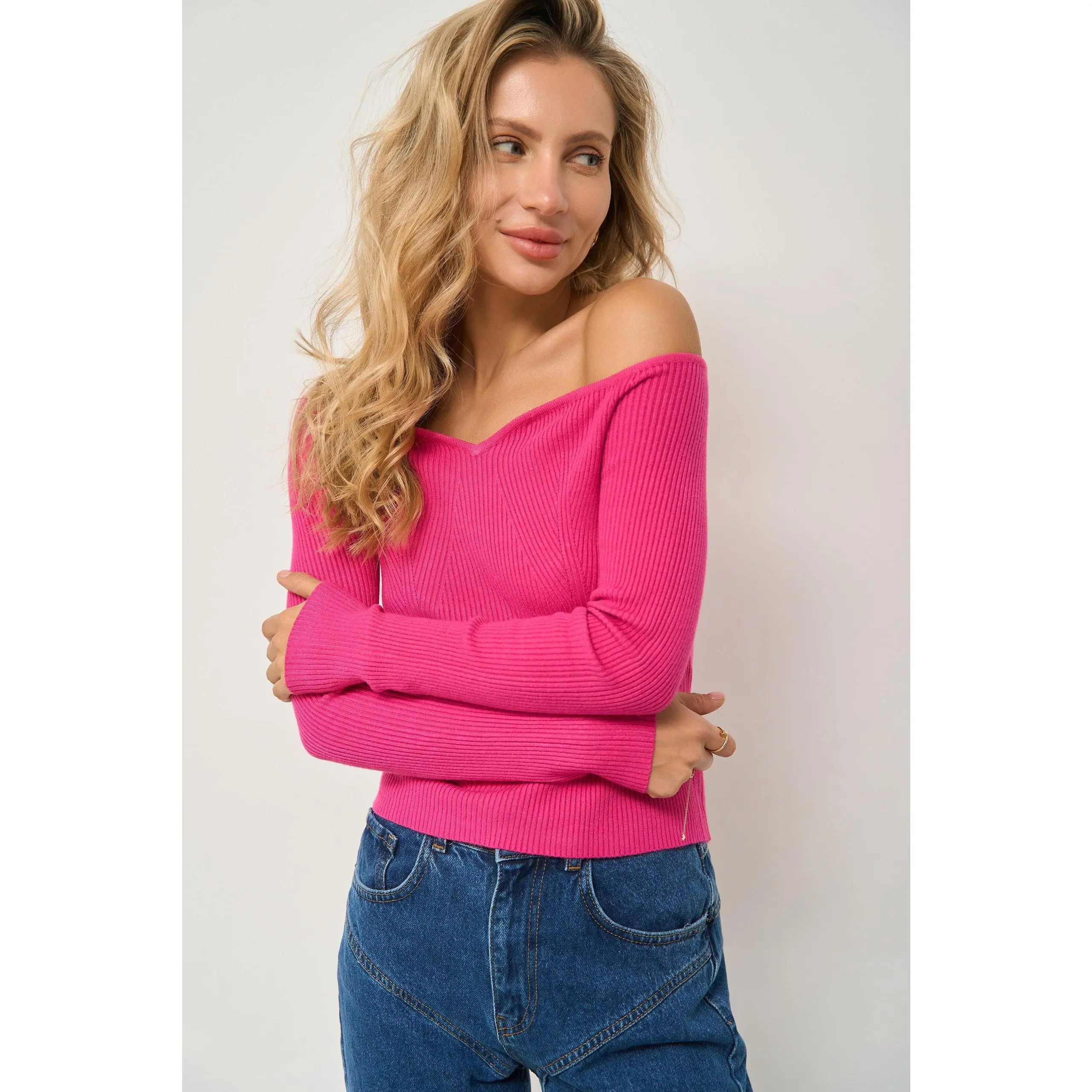 Magenta Pink Sweater with Curved Neckline