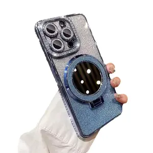 Makeup mirror holder iPhone case suitable for iPhone 14 16 Pro 16E Apple 15 Glitter magnetic diamond edge Protective Phone Case Cover