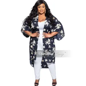 Final Sale Plus Size 3/4 Sleeve Duster with Navy Background and Neutral Floral Print