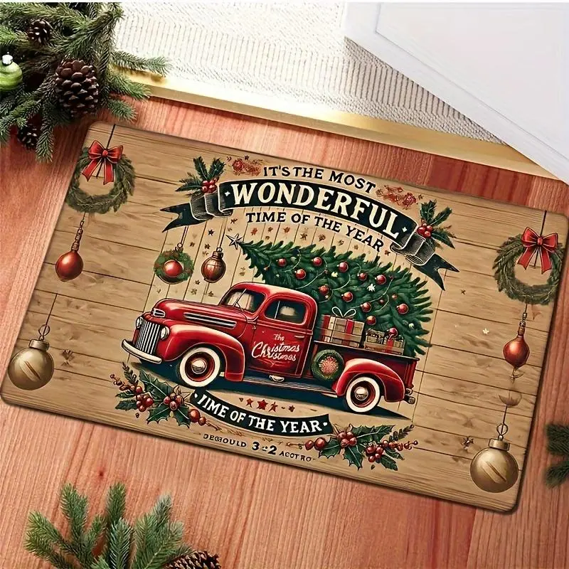 1pc Polyester Christmas Decorative Doormat - Wood Grain Red Christmas Tree Pattern, Nonslip, Easy to Clean, Machine Washable, 1-Piece Nonslip Quick-Drying Doormats for Entryway Areas, Festive Look Holiday Cheer Home Decor
