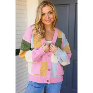 Very Connected Dusty Pink Patchwork Color Block Cardigan
