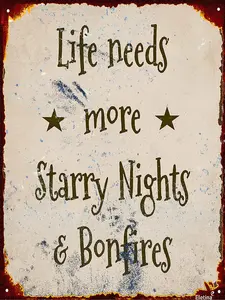 Metal Sign, Life Needs More Starry Nights & Bonfires, Rustic Vintage, Blue and Orange, 12 X 8 inch, Aluminum, Wall Mount