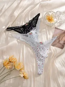 Fashion Floral Print Lace Trim Women's Thongs, Stretchy Panties, Sexy Stretch G-Strings, Comfort Breathable Daily Wear, 3-Pack, All Season Underwear
