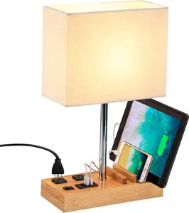 Smart Desk Lamp Powerhouse: 3 USB Ports, 2 AC Outlets, 3 Phone Stands, Elegant Nightstand Illumination with Natural Wooden Base and Stylish Cream Linen Shade