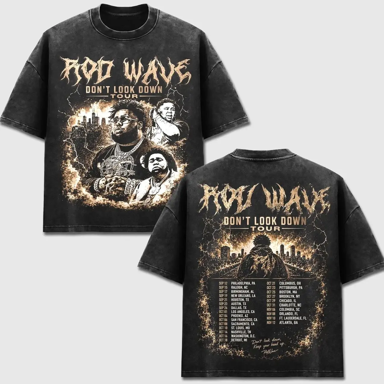 Rod Wave T-Shirt, Dont Look Down Tour Tee, Big Rod Concert Merch, US Cities Schedule Graphic, Lightning Fire Cityscape Top, Vintage Bootleg Rap Style Gear, Retro Acid Washed, US Unisex Casual Oversized Heavyweight Washed Black Sportswear Clothing GJ6