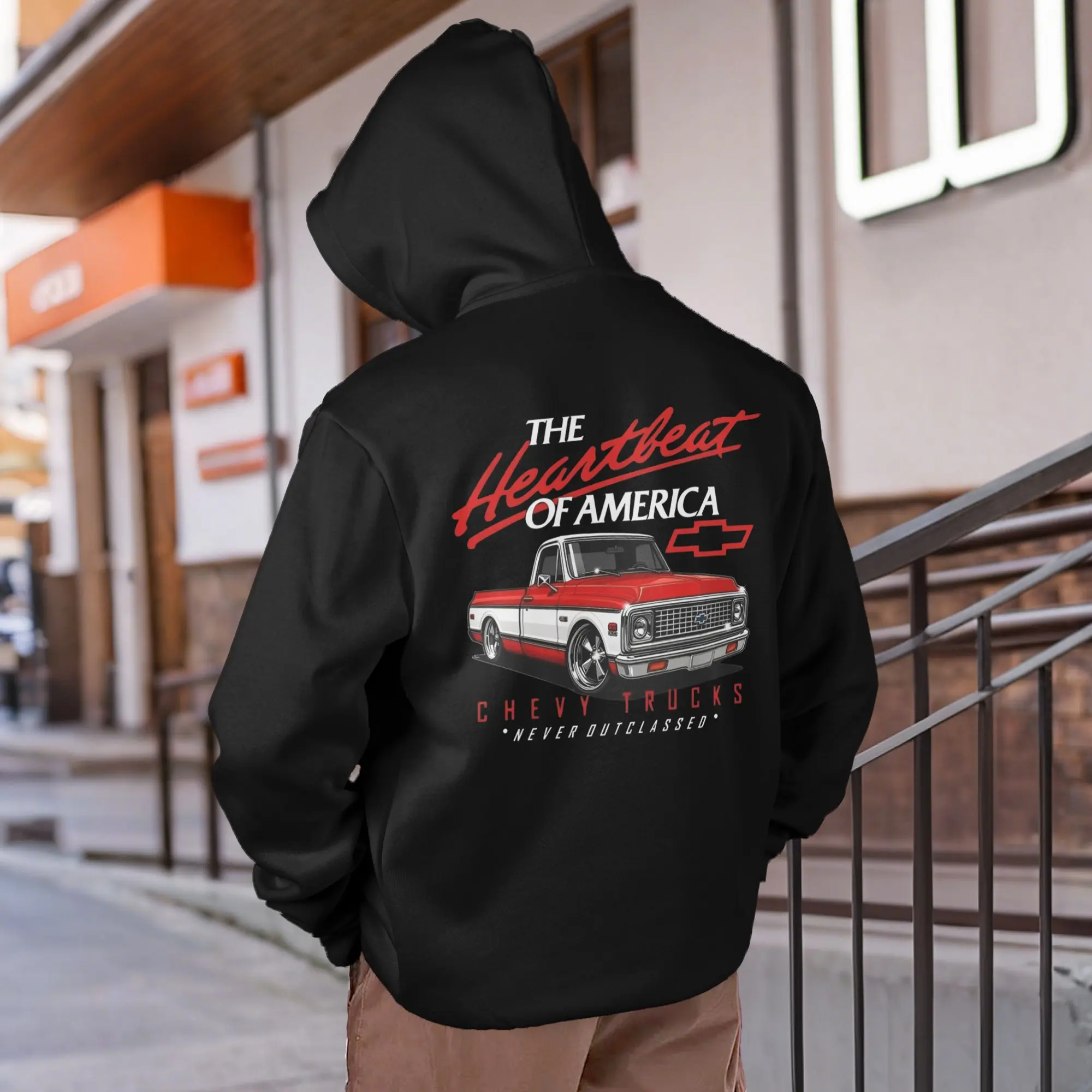 Old School Legend Tee Red Chevy 'Never Outclassed' Heather Rust Short Sleeve Crewneck Casual Graphic Top for Fans Menswear Polyester Streetwear Biker Tropical Shortsleeve Hooded sweatshirt Man Made in USA Vintage Classic Crewneck Hooded sweatshirt