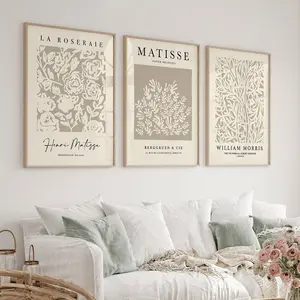 3pcs/set, Abstract Wall Prints, Botanical Wall Art, Unframed William Morris Poster, Matisse Gallery Print, Flower Wall Decor, Spring Decor, Modern Home Decor, Modern Floral Paintings, Canvas Art For Living Room, Bedroom