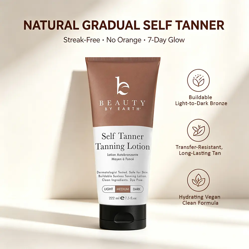 Beauty by Earth Self Tanner Lotion 7.5oz, Buildable Gradual Sunless Tanning Lotion, Streak Free No Orange Transfer Resistant Natural Bronzed Glow, Hydrating Vegan Cruelty Free Pregnancy Safe Self Tan Made in USA