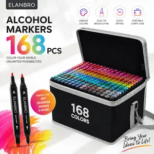 ELANBRO 168-Color Alcohol Art Markers Set with Dual Tip Fine & Broad Chisel for Professional Drawing Illustration Fast-Drying Ink Studio-Ready Case
