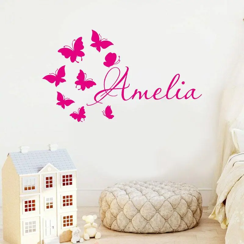 Personalized Girls Name Cartoon Butterfly Wall Sticker Vinyl Home Decor Baby Room Nursery Decals Custom Murals Wallpaper A204